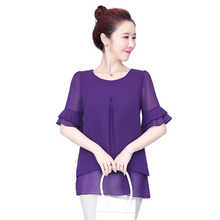 Load image into Gallery viewer, Crewneck elbow sleeves solid color pleated irregular hem chiffon tops causal blouses
