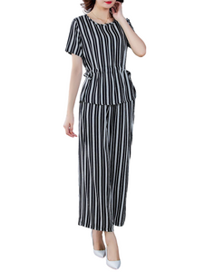 Women's Stripe suit Summer 2 Piece Scoop neck Short sleeve loose fit tops & wide Pants