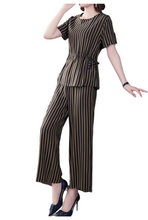 Load image into Gallery viewer, Women&#39;s Stripe suit Summer 2 Piece Scoop neck Short sleeve loose fit tops &amp; wide Pants
