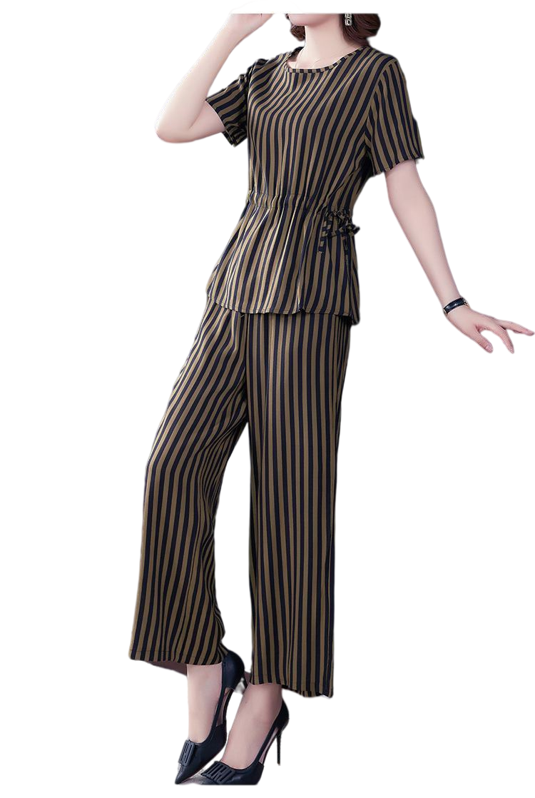 Women's Stripe suit Summer 2 Piece Scoop neck Short sleeve loose fit tops & wide Pants