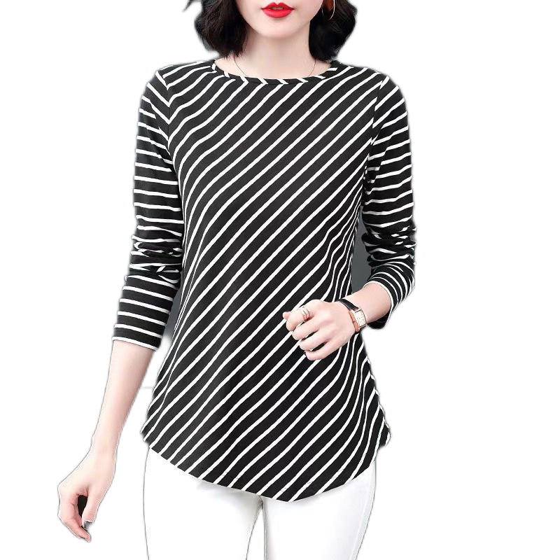 Women's stripe  crewneck  long sleeve slim fit tops causal blouses