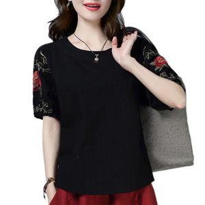 Summer cotton Crewneck elbow sleeve with embroidery  Rounded hem tops Causal Blouses