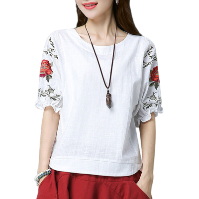 Summer cotton Crewneck elbow sleeve with embroidery  Rounded hem tops Causal Blouses