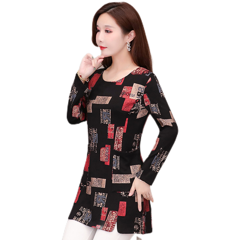 Crewneck long sleeve floral print pattern split hem blouses with pockets slim fit tops