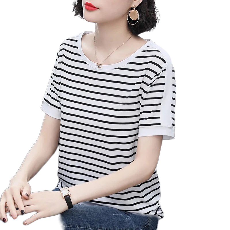 Women's Summer stripe crewneck short sleeve T-shirt causal blouses