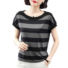 Load image into Gallery viewer, Women&#39;s Summer wide stripe crewneck short sleeve T-shirt causal blouses
