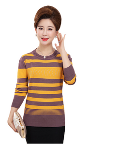 Women's lightweight long sleeve crewneck striped sweater knitted slim pullover tops