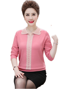 Women's lightweight long sleeve lapel shinny pullover tops knitted casual sweater