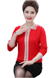 Women's lightweight long sleeve lapel shinny pullover tops knitted casual sweater