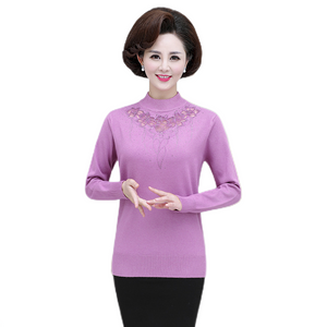 Women's lightweight long sleeve mock-neck sweaters, knitted  Pullover with hollow-carved design