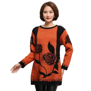 Women's Thickening crewneck fashion floral flared  knitted dress long Sweater