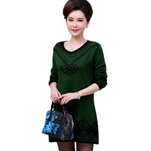 Women's Thickening V-neck fashion floral flared  knitted dress long Sweater