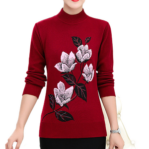 Women's  mock neck  Rose pattern sweater knitted casual slim pullover