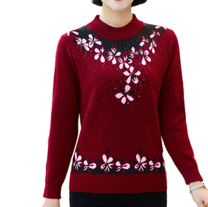 Women's  mock neck  Rose pattern sweater knitted casual slim pullover