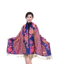 Load image into Gallery viewer, Women&#39;s warm double layer  pashmina peacock  pattern Shawl Wrap Scarf stole  w/Fringe &amp; w/gold line
