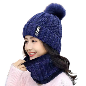 Women’s solid colors knitted beanie Hats fleece Lining caps with fur pompom