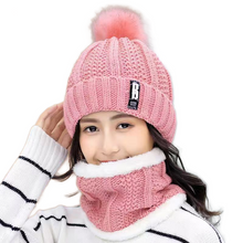 Load image into Gallery viewer, Women’s solid colors knitted beanie Hats fleece Lining caps with fur pompom
