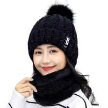 Load image into Gallery viewer, Women’s solid colors knitted beanie Hats fleece Lining caps with fur pompom
