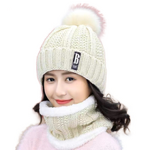 Load image into Gallery viewer, Women’s solid colors knitted beanie Hats fleece Lining caps with fur pompom
