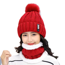 Load image into Gallery viewer, Women’s solid colors knitted beanie Hats fleece Lining caps with fur pompom
