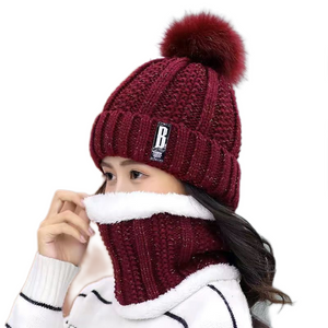 Women's  2PCS  solid knitted Beanie Hat+ scarf set Warm Fleece Lined Soft Ski  pompom Cap