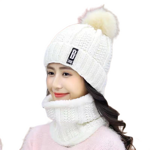 Women’s solid colors knitted beanie Hats fleece Lining caps with fur pompom