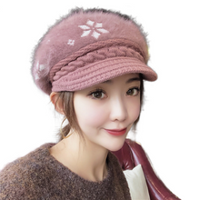 Load image into Gallery viewer, Women&#39;s visor winter warm fuzzy fleece floral Hats, Knitting ear protection caps
