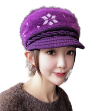 Load image into Gallery viewer, Women&#39;s visor winter warm fuzzy fleece floral Hats, Knitting ear protection caps
