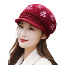 Load image into Gallery viewer, Women&#39;s visor winter warm fuzzy fleece floral Hats, Knitting ear protection caps
