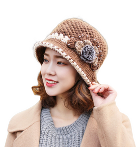 Women‘s chunky cable Crocheted warm bucket hats casual cap with fur pompom