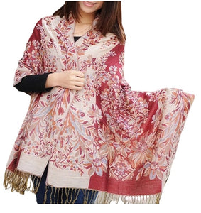 Women's warm double layer  pashmina floral pattern Shawl Wrap Scarf stole  w/Fringe