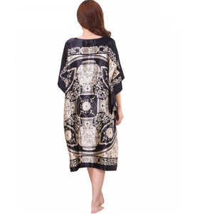 Women's  Satin Tunic Plus Size crewneck batwing sleeve loose fit Dress Black &  gold Kimono