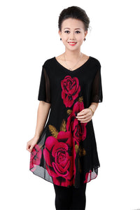 Fashion  blouses, Mid-length lace dress，big red flower blouses