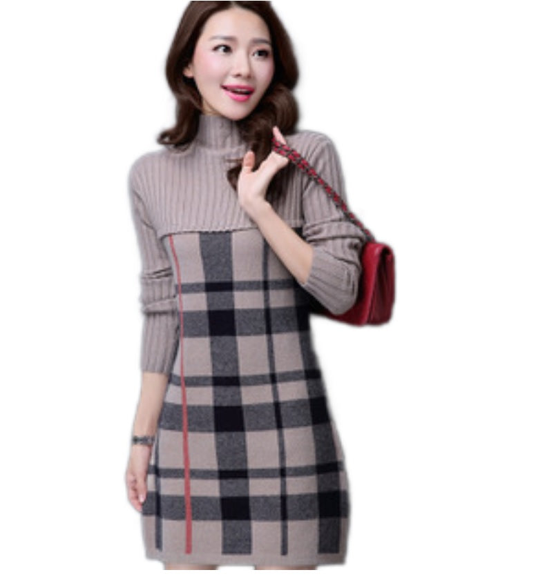 Women's British style plaid Turtleneck knitted dress long sweaters