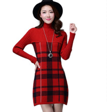 Load image into Gallery viewer, Women&#39;s British style plaid Turtleneck knitted dress long sweaters
