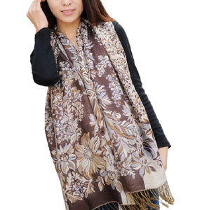 Women's warm double layer  pashmina floral pattern Shawl Wrap Scarf stole  w/Fringe