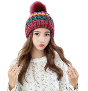 Women’s warm colorful Hat Knitted fleece Lining caps with pompom