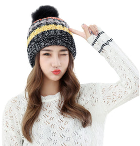 Women’s warm colorful Hat Knitted fleece Lining caps with pompom