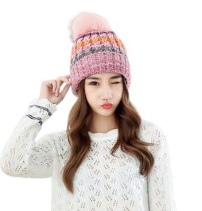 Women’s warm colorful Hat Knitted fleece Lining caps with pompom