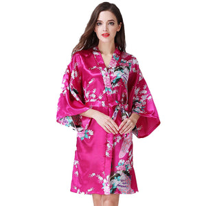 Women's long Peacock Blossoms pattern kimono Printed  Nightdress robe