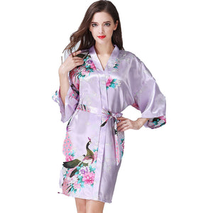 Women's long Peacock Blossoms pattern kimono Printed  Nightdress robe