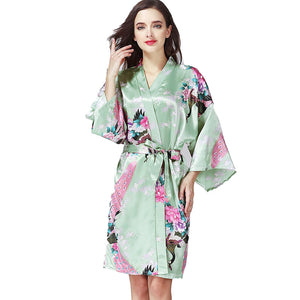 Women's long Peacock Blossoms pattern kimono Printed  Nightdress robe