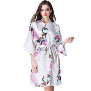 Women's long Peacock Blossoms pattern kimono Printed  Nightdress robe