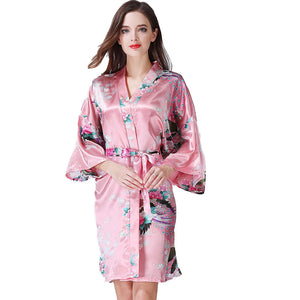 Women's long Peacock Blossoms pattern kimono Printed  Nightdress robe