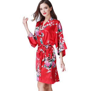 Women's long Peacock Blossoms pattern kimono Printed  Nightdress robe