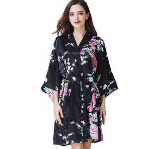 Women's long Peacock Blossoms pattern kimono Printed  Nightdress robe