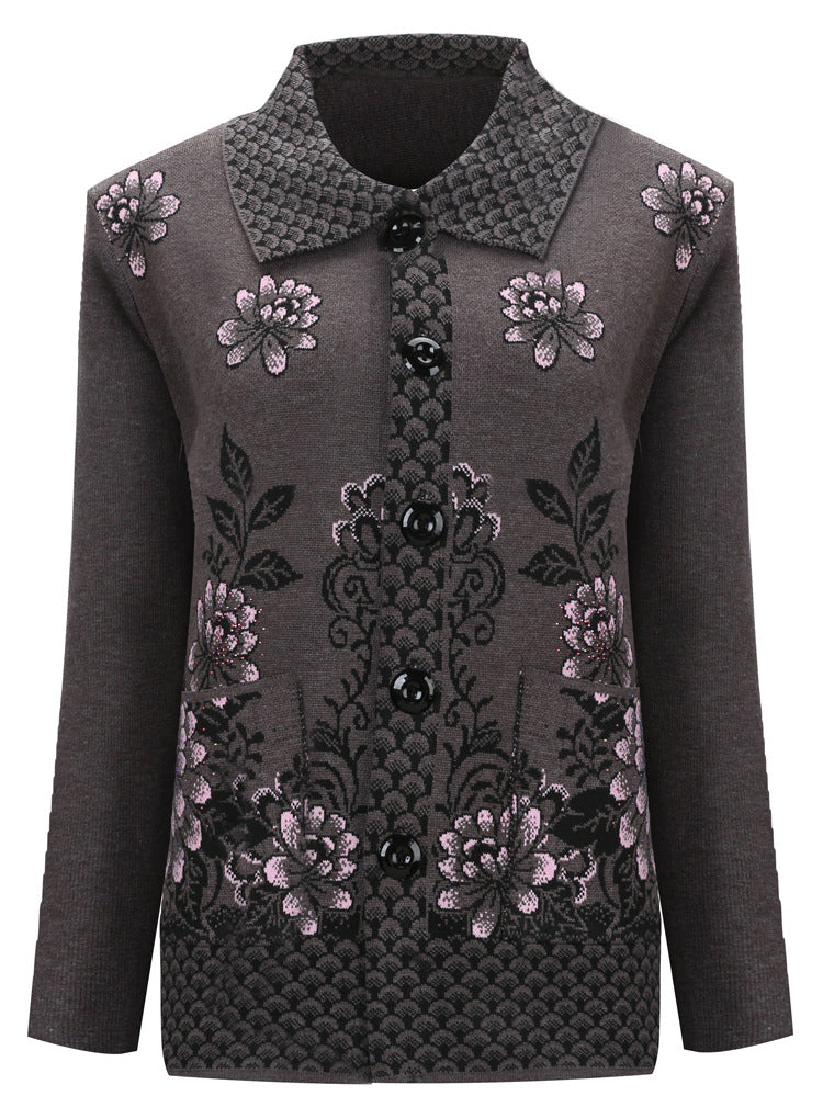 Women's lapel long sleeve open front button down Fish scales floral cardigan, knitted jacket with pockets