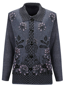 Women's lapel long sleeve open front button down Fish scales floral cardigan, knitted jacket with pockets