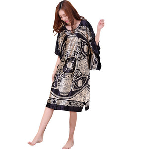 Women's  Satin Tunic Plus Size crewneck batwing sleeve loose fit Dress Black &  gold Kimono