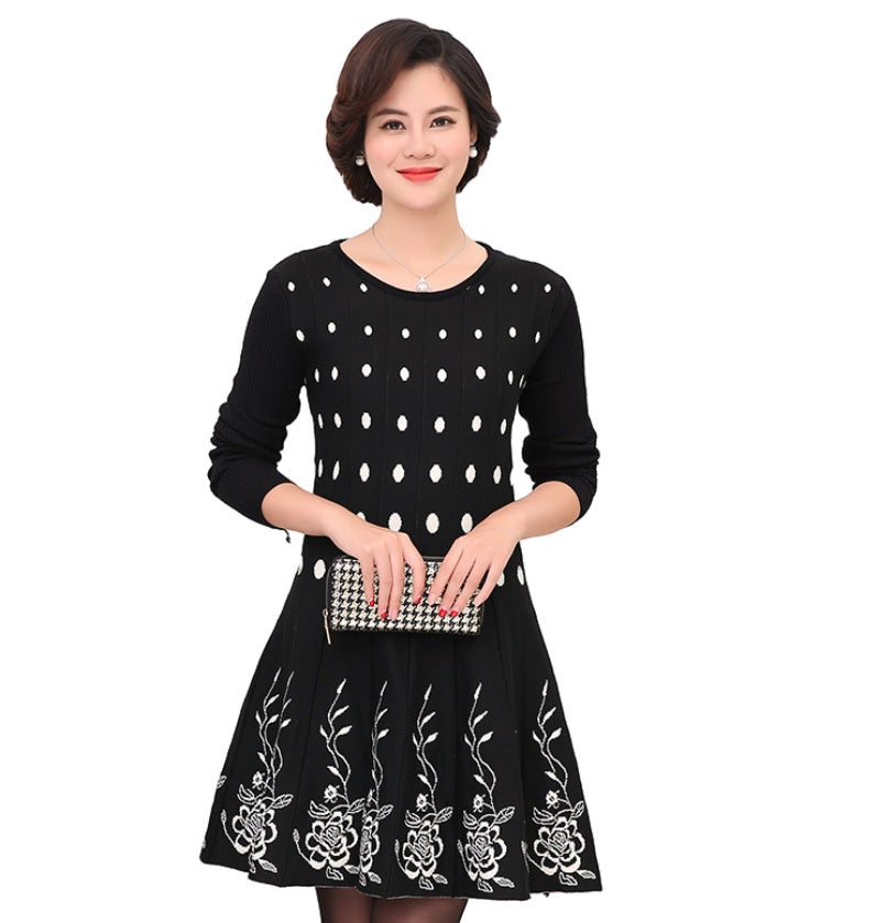 Women's long sleeve crewneck fashion floral flared  knitted dress long Sweater